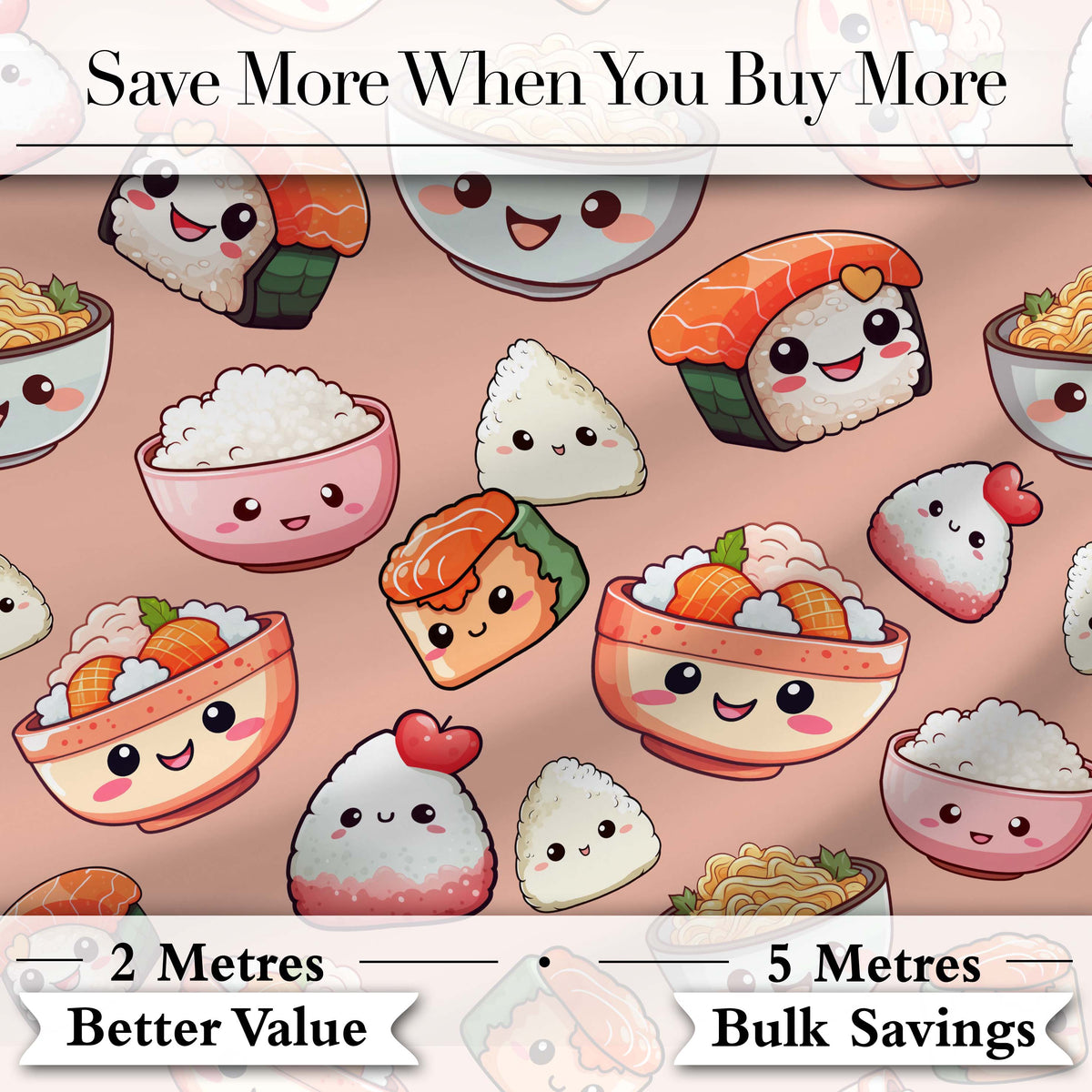 Cute Kawaii Sushi Rice Bowls and Noodles on Peach Background Seamless Pattern Digital Print Fabric by the Metre UK Sewing Quilting Textile