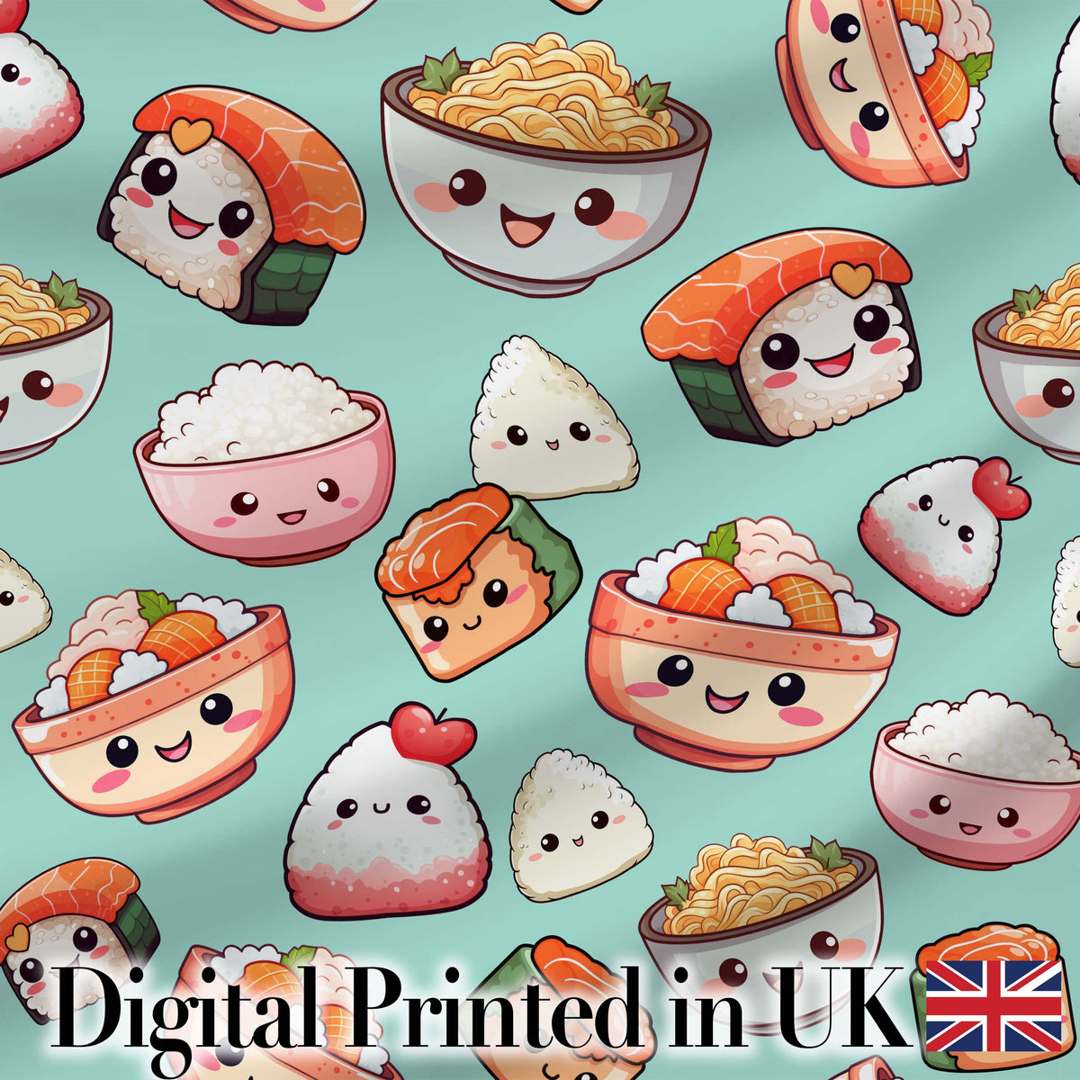 Cute Kawaii Sushi Rice Bowls and Noodles on Mint Background Seamless Pattern Digital Print Fabric by the Metre UK Sewing Quilting Textile