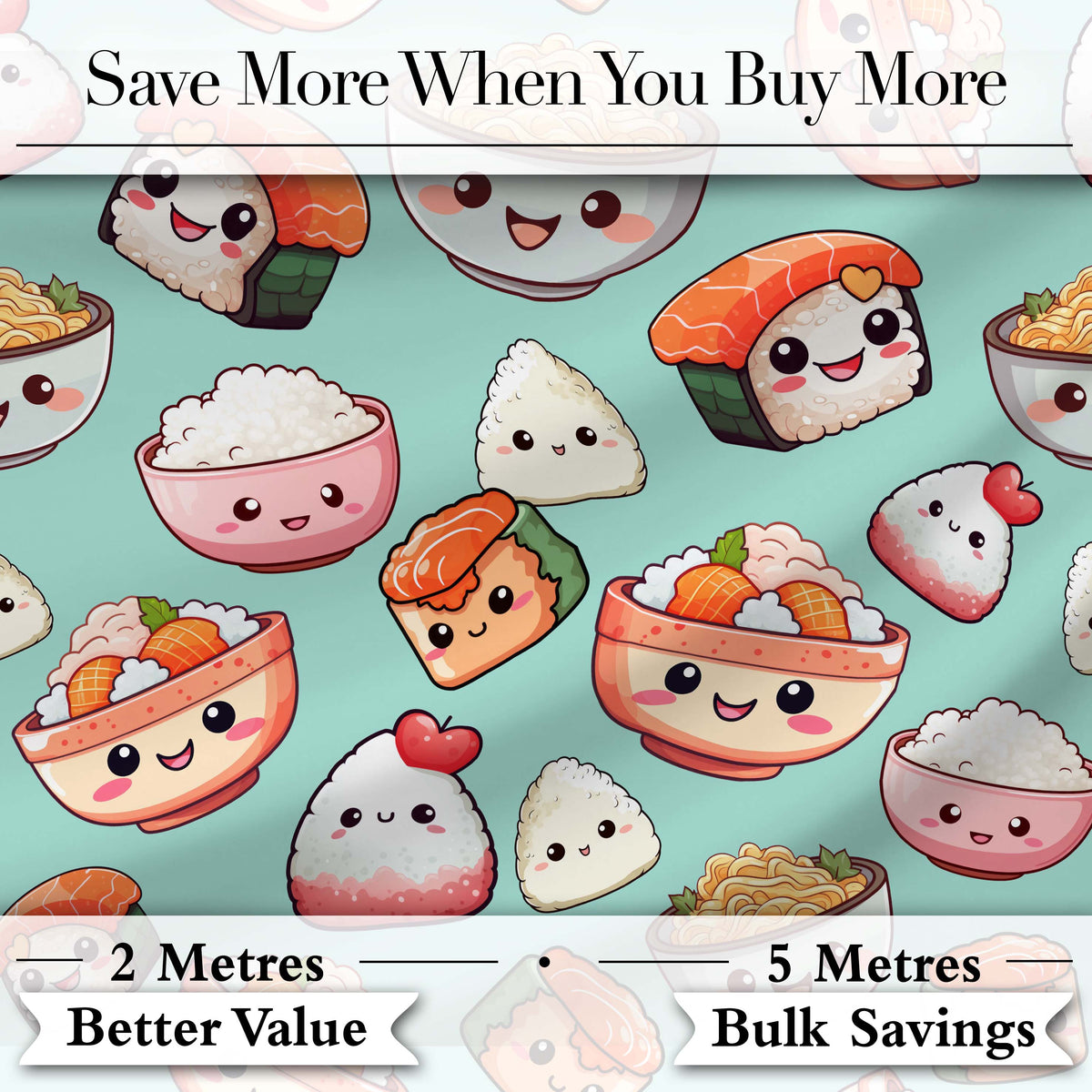 Cute Kawaii Sushi Rice Bowls and Noodles on Mint Background Seamless Pattern Digital Print Fabric by the Metre UK Sewing Quilting Textile