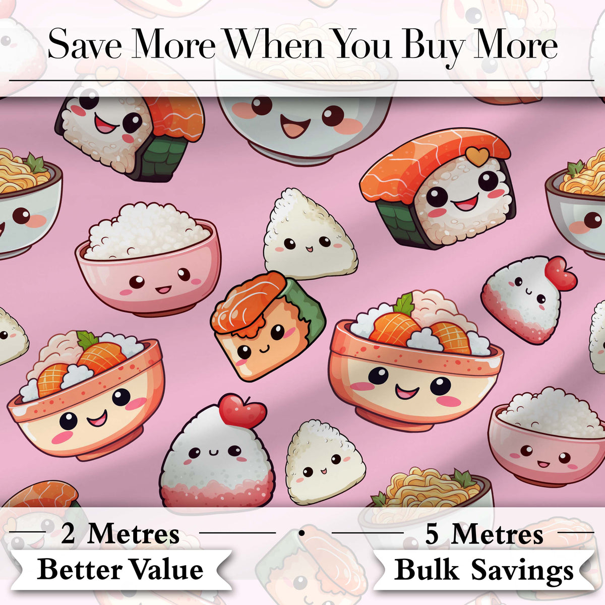 Cute Kawaii Sushi Rice Bowls and Noodles on Pink Background Seamless Pattern Digital Print Fabric by the Metre UK Sewing Quilting Textile