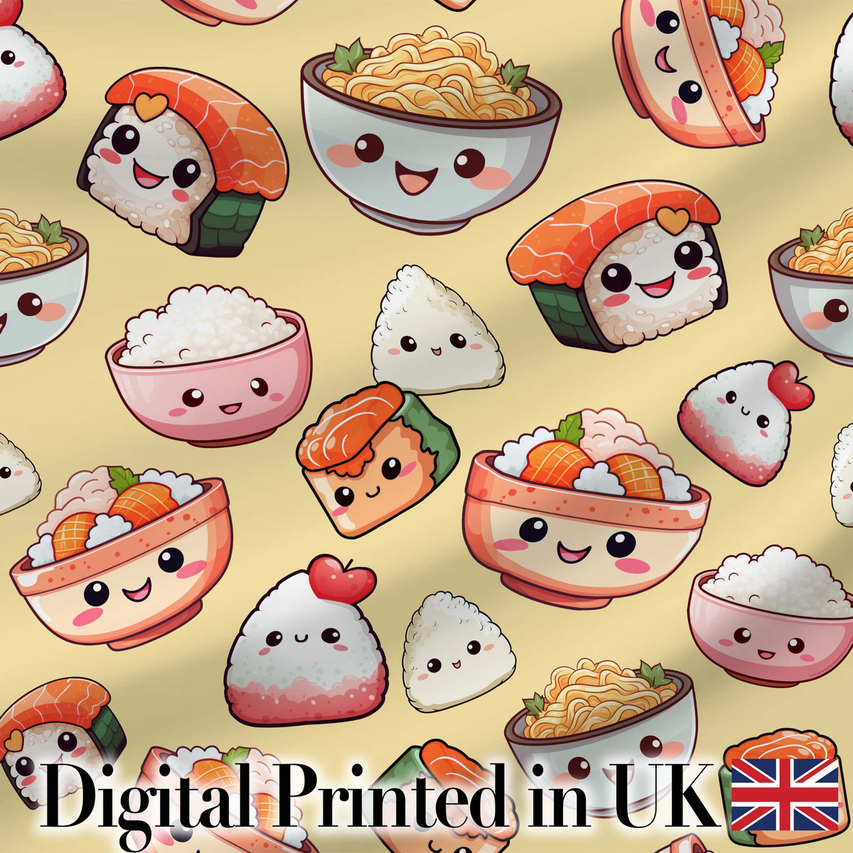 Cute Kawaii Sushi Rice Bowls and Noodles on Beige Background Seamless Pattern Digital Print Fabric by the Metre UK Sewing Quilting Textile