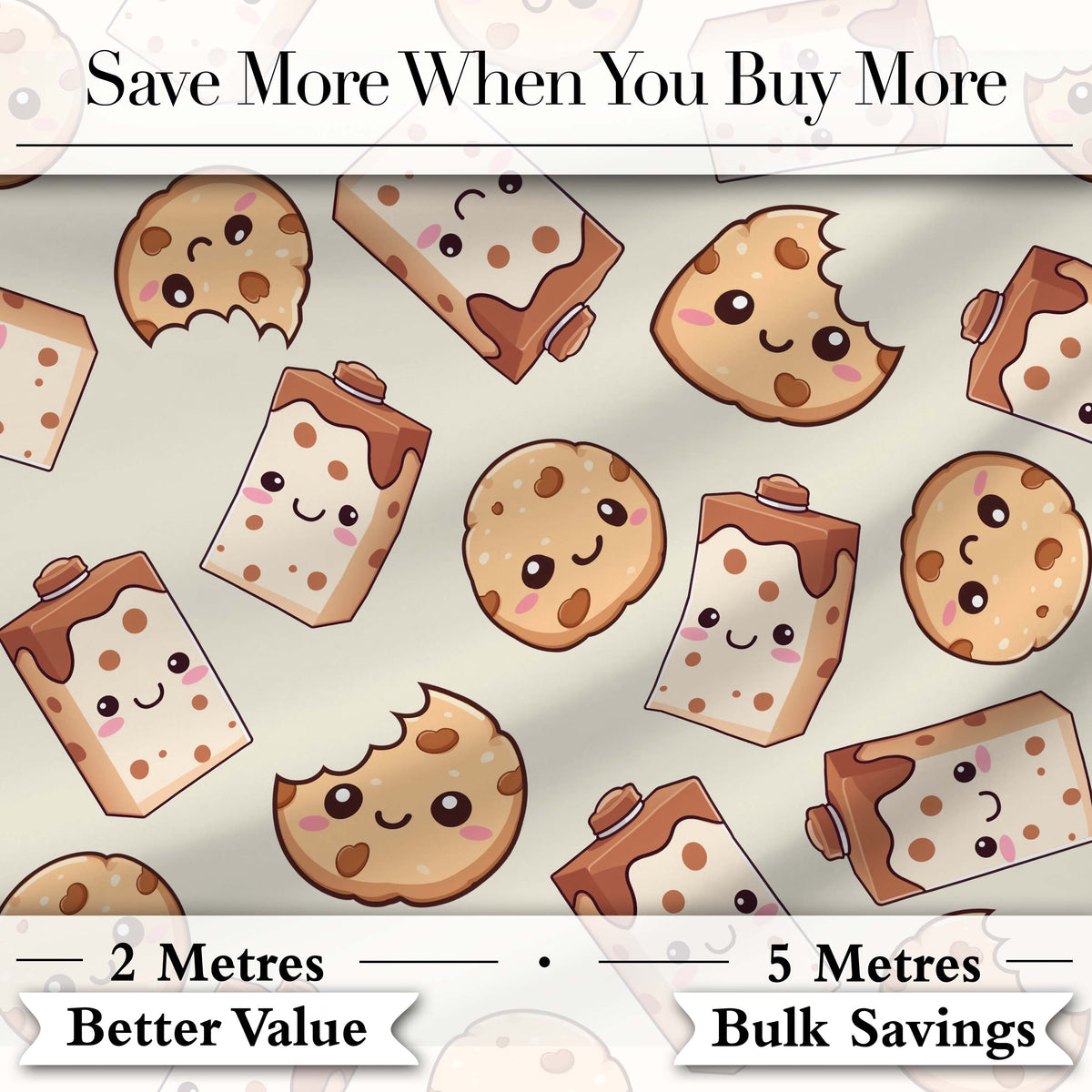 Cute Kawaii Cookies and Milk Cartons on Cream Background Seamless Pattern Digital Print Fabric by the Metre UK Sewing Quilting Textile