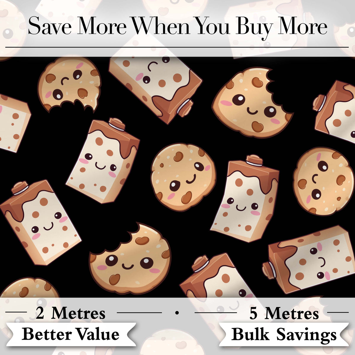 Cute Kawaii Cookies and Milk Cartons on Black Background Seamless Pattern Digital Print Fabric by the Metre UK Sewing Quilting Textile