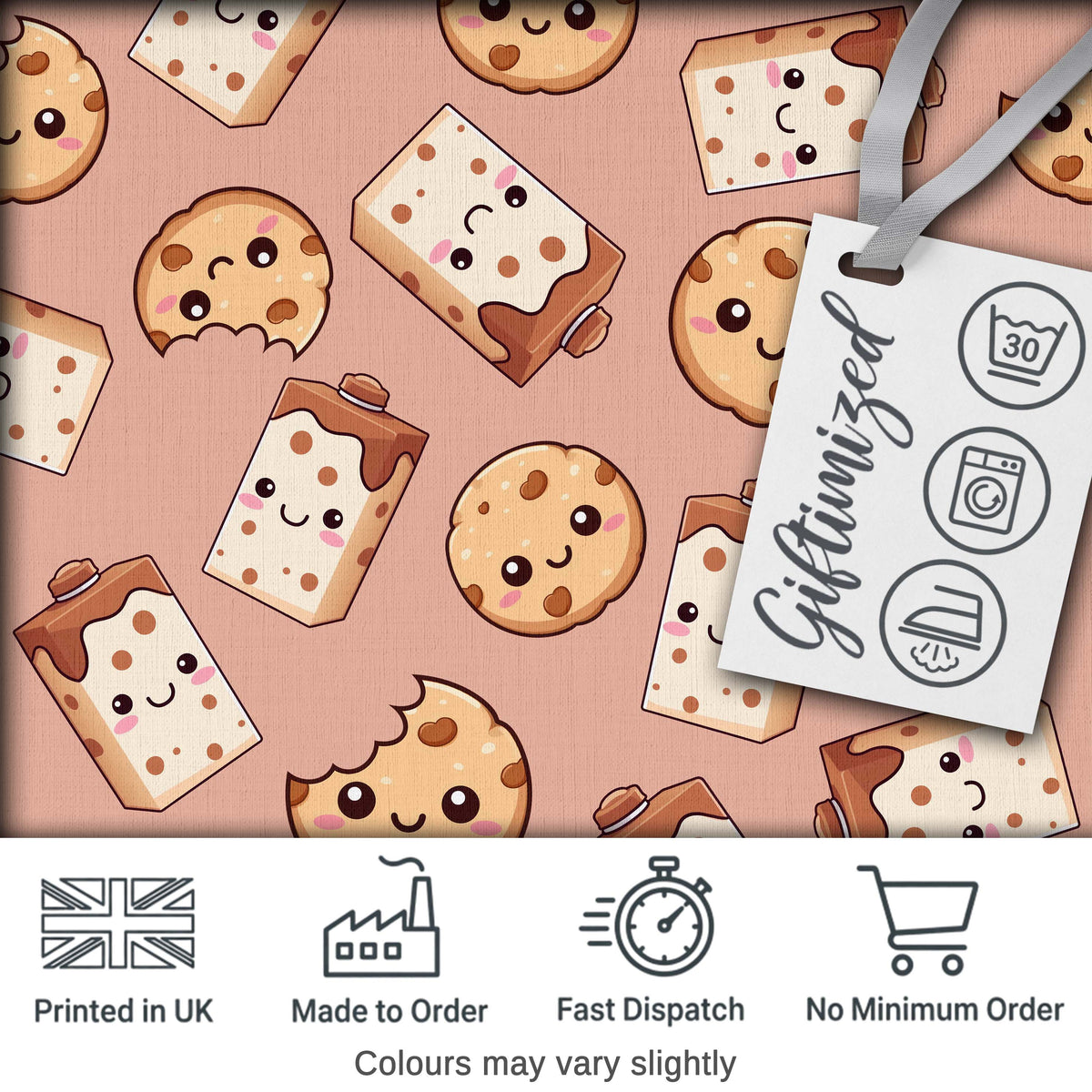 Cute Kawaii Cookies and Milk Cartons on Peach Background Seamless Pattern Digital Print Fabric by the Metre UK Sewing Quilting Textile