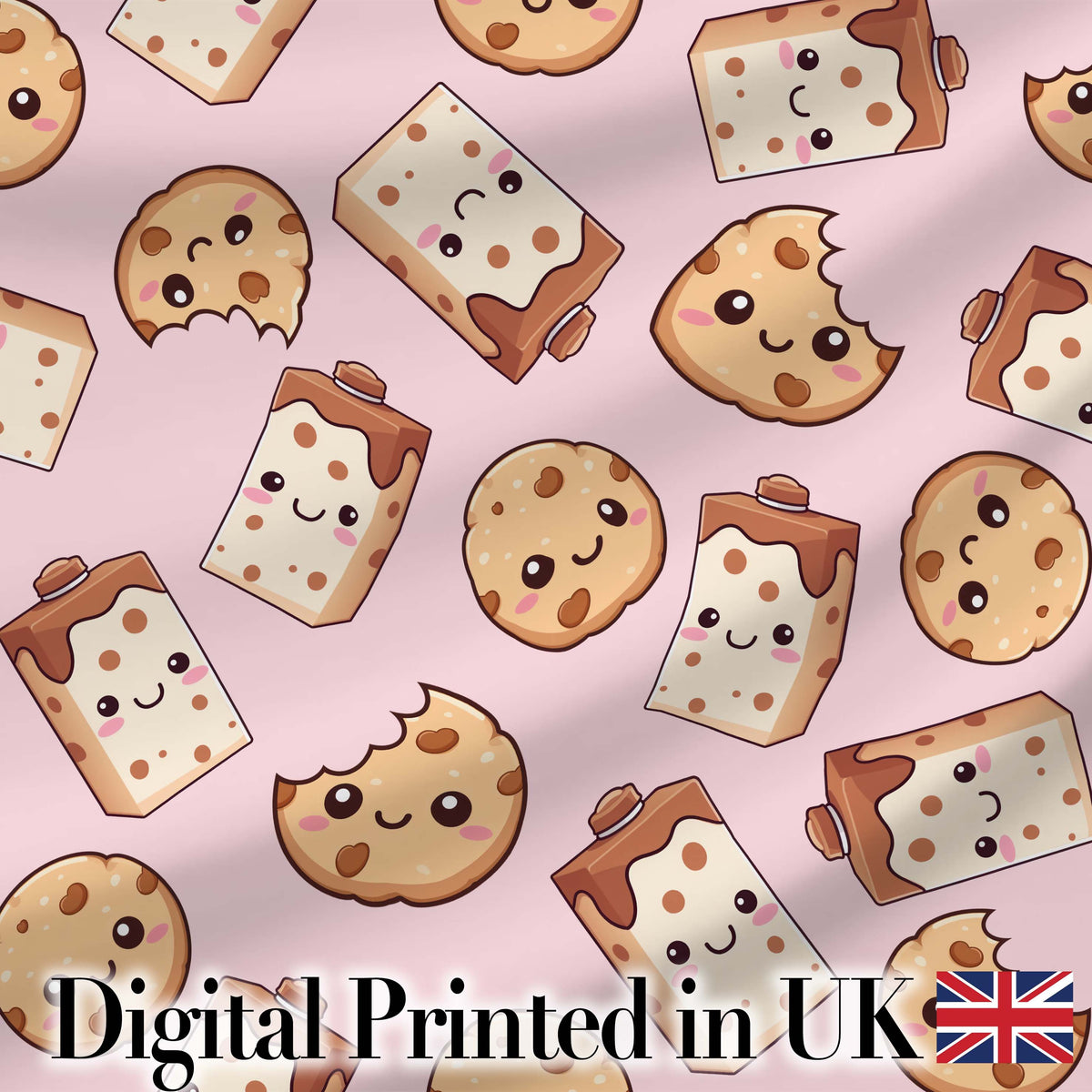 Cute Kawaii Cookies and Milk Cartons on Pink Background Seamless Pattern Digital Print Fabric by the Metre UK Sewing Quilting Textile