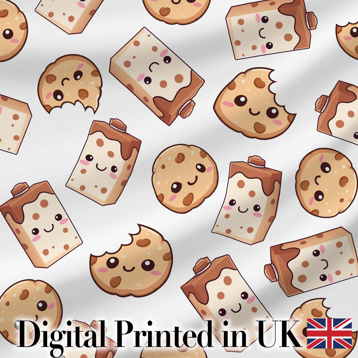 Cute Kawaii Cookies and Milk Cartons on White Background Seamless Pattern Digital Print Fabric by the Metre UK Sewing Quilting Textile