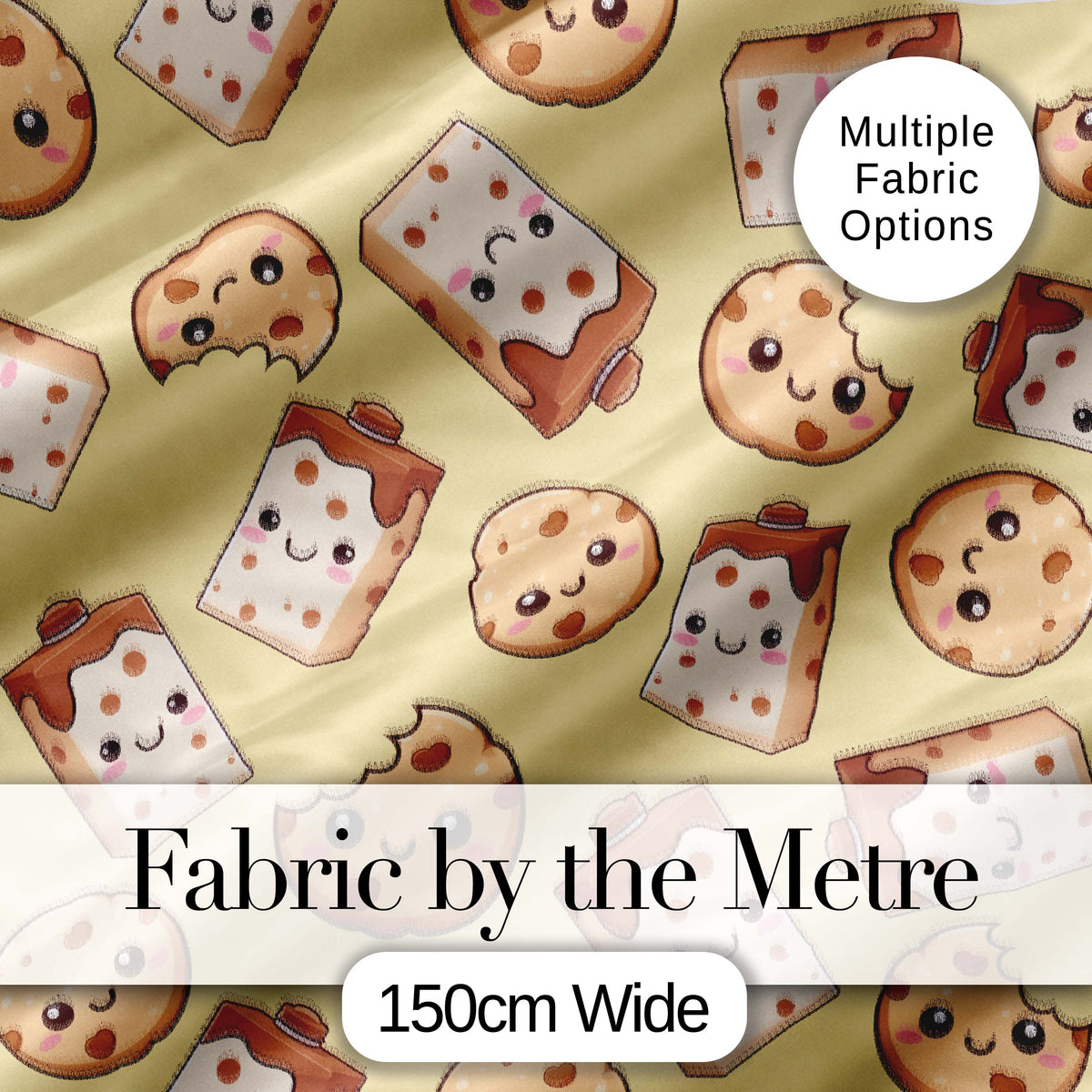 Cute Kawaii Cookies and Milk Cartons on Beige Background Seamless Pattern Digital Print Fabric by the Metre UK Sewing Quilting Textile