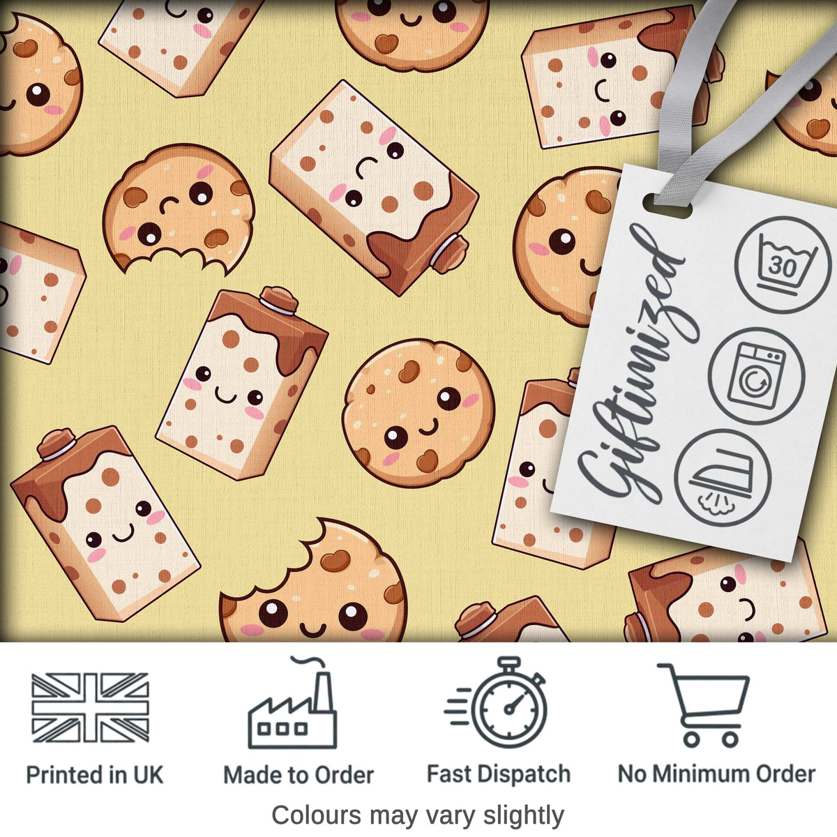 Cute Kawaii Cookies and Milk Cartons on Beige Background Seamless Pattern Digital Print Fabric by the Metre UK Sewing Quilting Textile