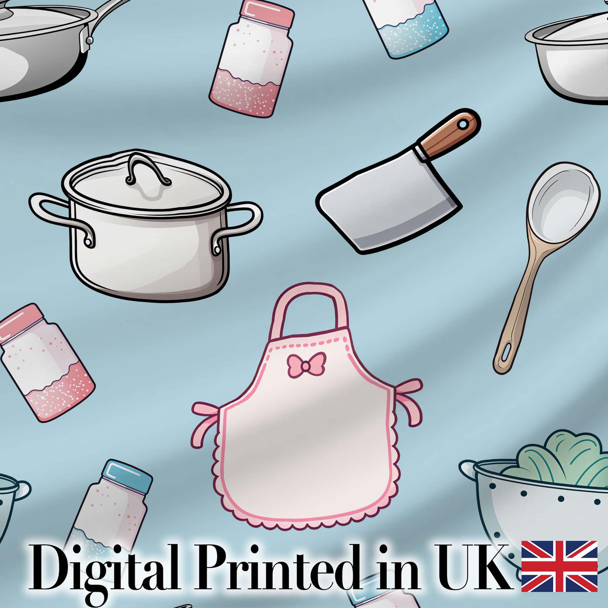 Cute Kawaii Kitchen Utensils and Apron on Blue Background Seamless Pattern Digital Print Fabric by the Metre UK Sewing Quilting Textile