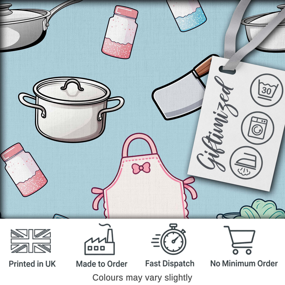 Cute Kawaii Kitchen Utensils and Apron on Blue Background Seamless Pattern Digital Print Fabric by the Metre UK Sewing Quilting Textile
