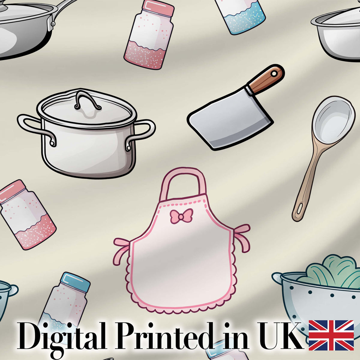 Kawaii Kitchen Utensils Apron and Cooking Tools on Neutral Seamless Pattern Digital Print Fabric by the Metre UK Sewing Quilting Textile