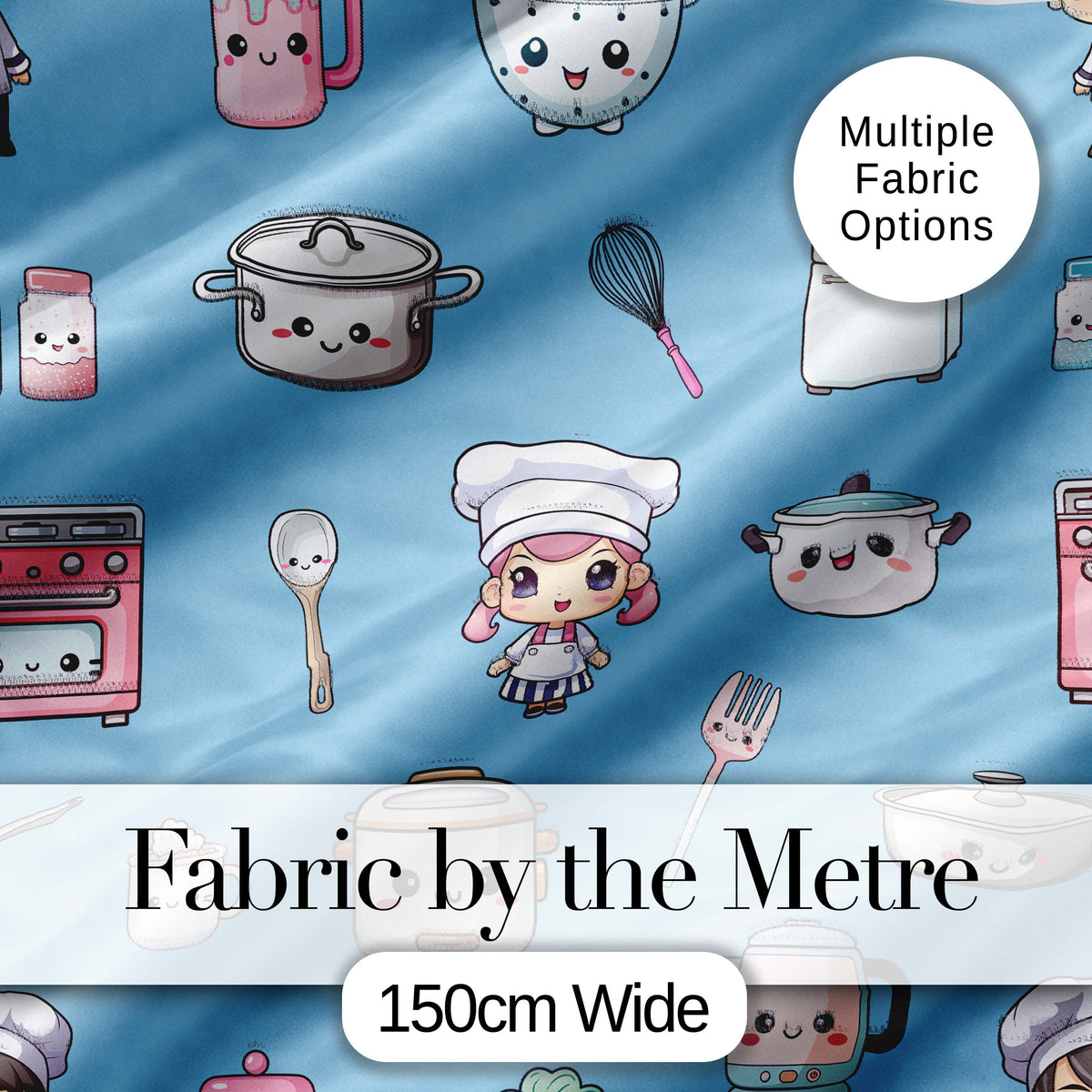 Kawaii Kitchen Chef Girl Cooking Utensils on Blue Seamless Pattern Digital Print Fabric by the Metre UK Sewing Quilting Textile