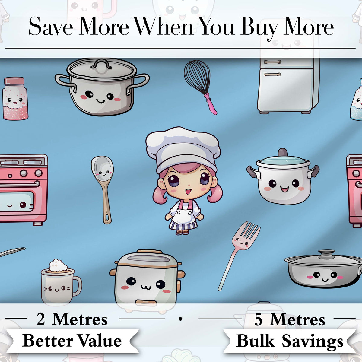 Kawaii Kitchen Chef Girl Cooking Utensils on Blue Seamless Pattern Digital Print Fabric by the Metre UK Sewing Quilting Textile