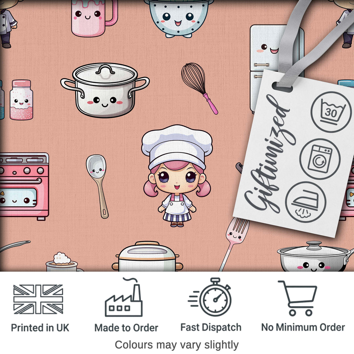 Kawaii Kitchen Chef Girl Cooking Utensils on Peach Seamless Pattern Digital Print Fabric by the Metre UK Sewing Quilting Textile