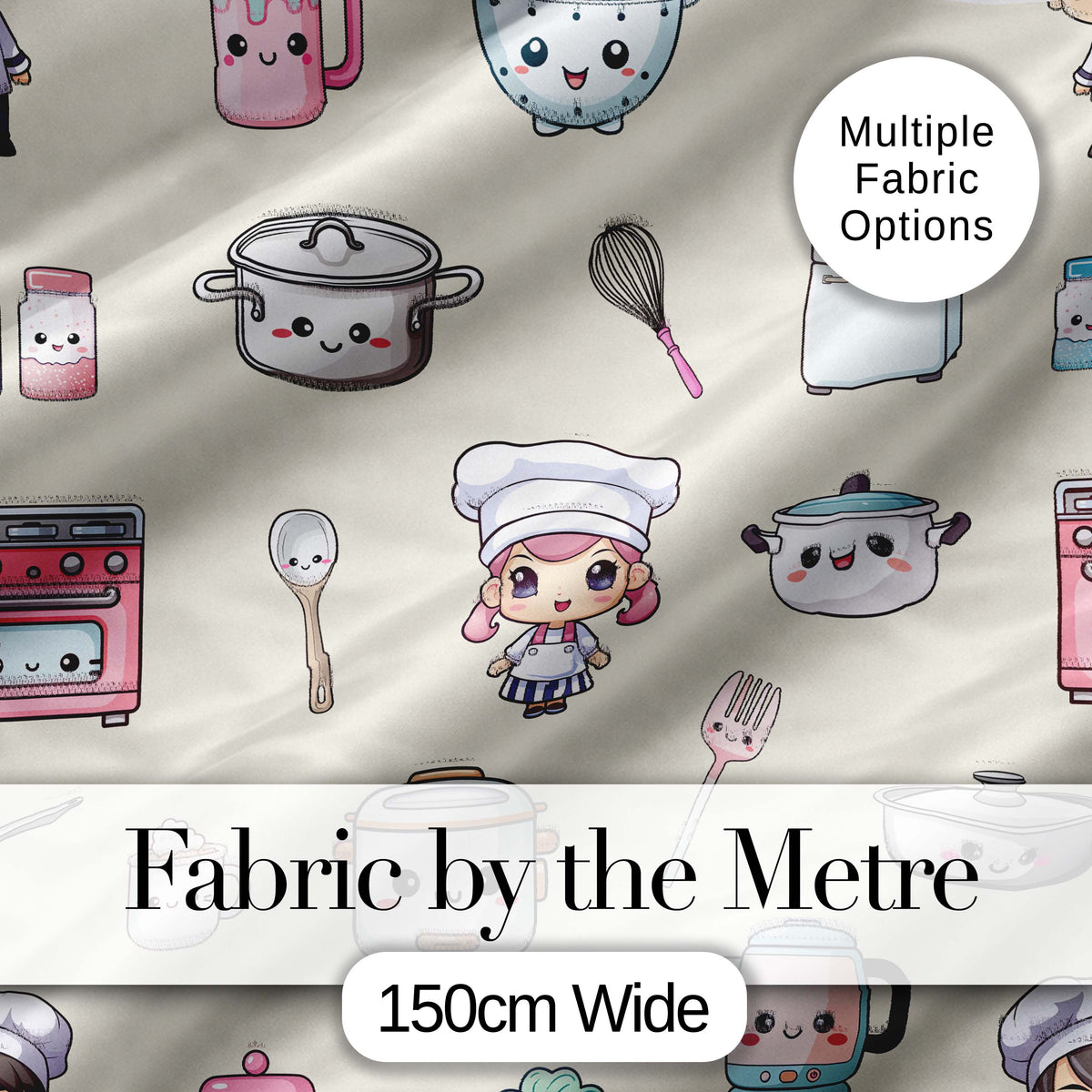 Kawaii Kitchen Chef Girl Cooking Utensils on Cream Seamless Pattern Digital Print Fabric by the Metre UK Sewing Quilting Textile