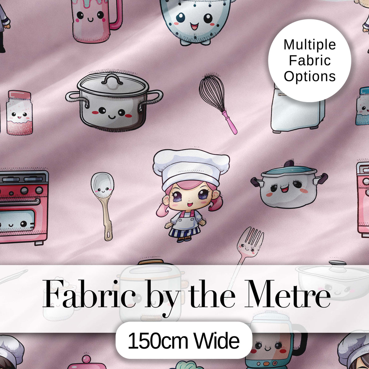 Kawaii Kitchen Chef Girl Cooking Utensils on Pink Seamless Pattern Digital Print Fabric by the Metre UK Sewing Quilting Textile