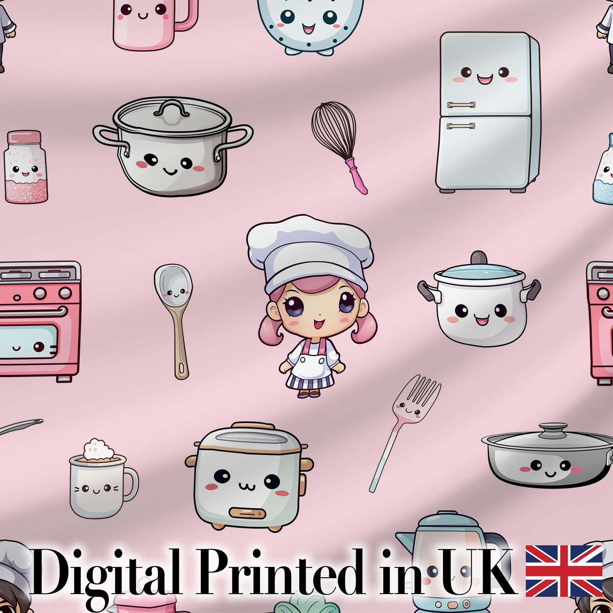Kawaii Kitchen Chef Girl Cooking Utensils on Pink Seamless Pattern Digital Print Fabric by the Metre UK Sewing Quilting Textile