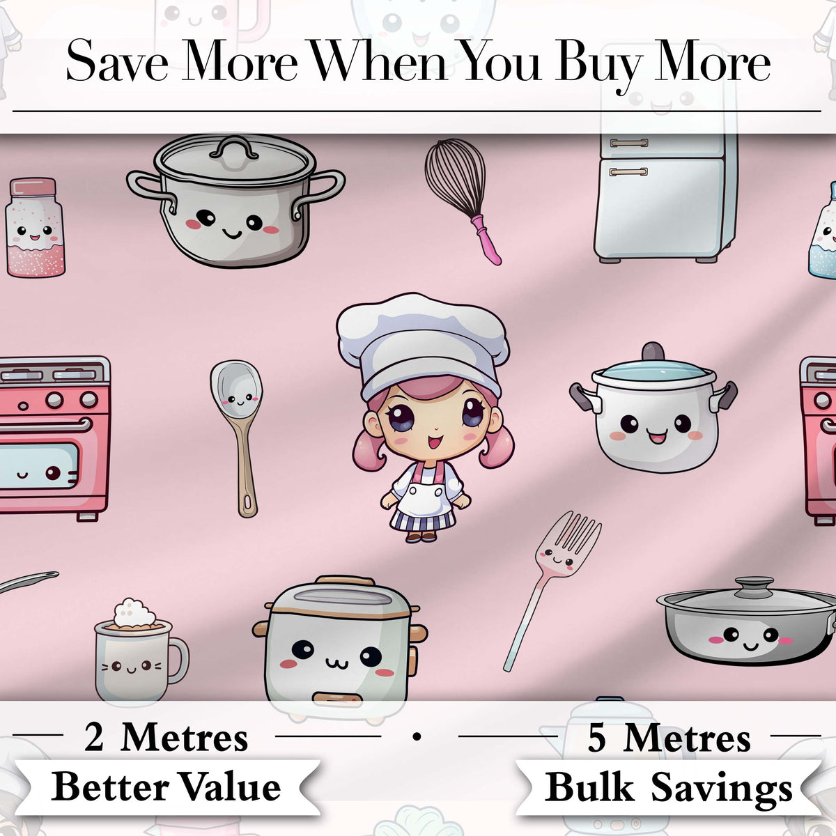Kawaii Kitchen Chef Girl Cooking Utensils on Pink Seamless Pattern Digital Print Fabric by the Metre UK Sewing Quilting Textile