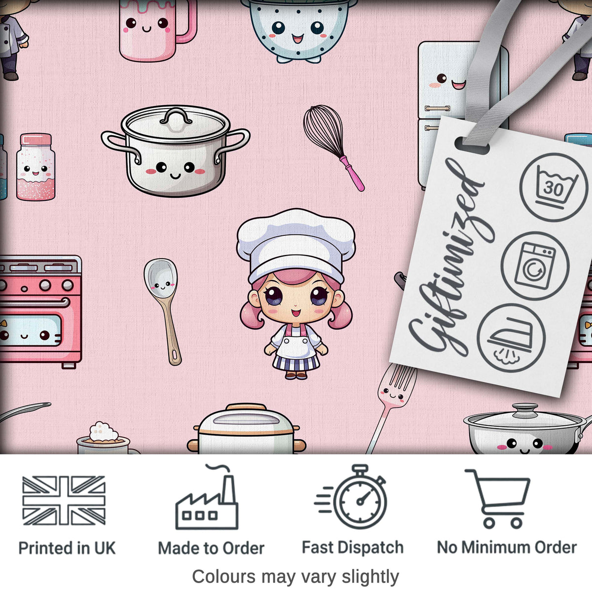 Kawaii Kitchen Chef Girl Cooking Utensils on Pink Seamless Pattern Digital Print Fabric by the Metre UK Sewing Quilting Textile
