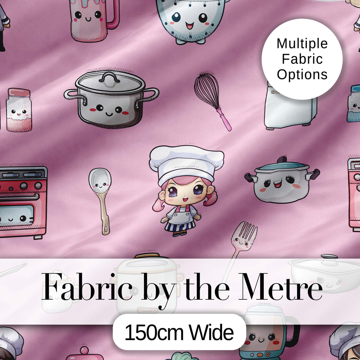 Kawaii Kitchen Chef Girl Cooking Utensils on Soft Pink Seamless Pattern Digital Print Fabric by the Metre UK Sewing Quilting Textile