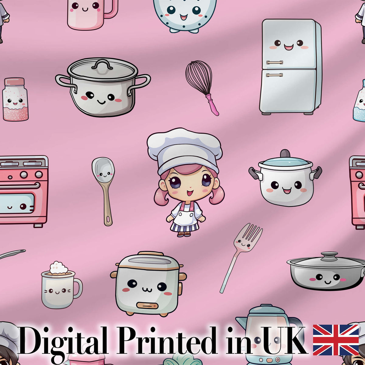 Kawaii Kitchen Chef Girl Cooking Utensils on Soft Pink Seamless Pattern Digital Print Fabric by the Metre UK Sewing Quilting Textile