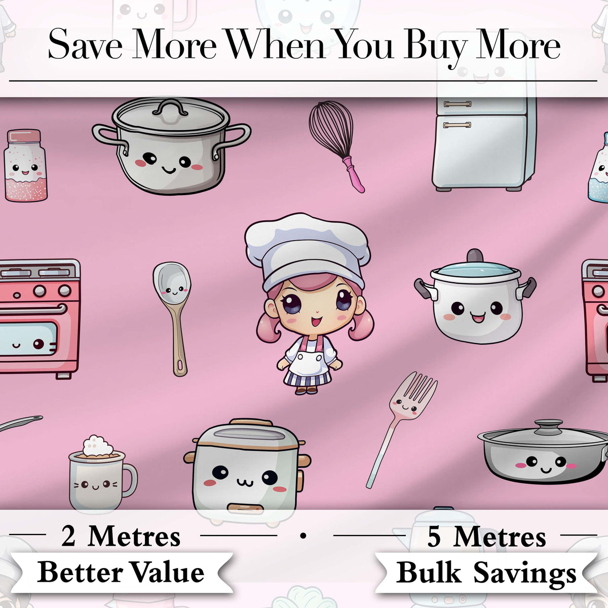 Kawaii Kitchen Chef Girl Cooking Utensils on Soft Pink Seamless Pattern Digital Print Fabric by the Metre UK Sewing Quilting Textile