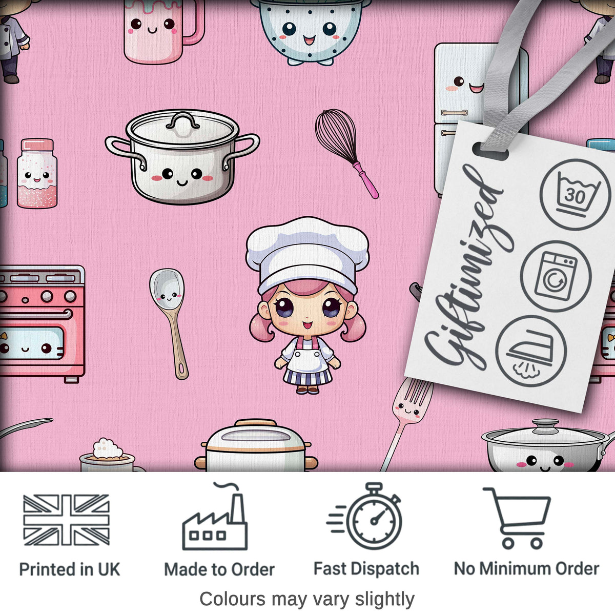 Kawaii Kitchen Chef Girl Cooking Utensils on Soft Pink Seamless Pattern Digital Print Fabric by the Metre UK Sewing Quilting Textile