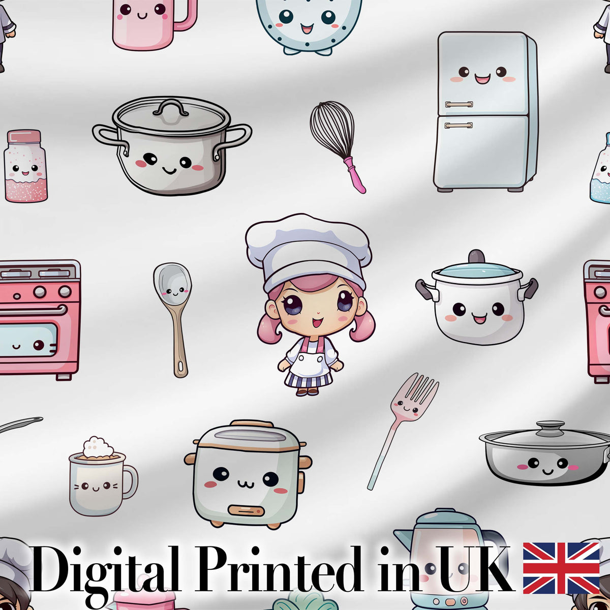 Cute Kawaii Chef Girl Cooking Utensils Grey Background Seamless Pattern Digital Print Fabric by the Metre UK Sewing Quilting Textile