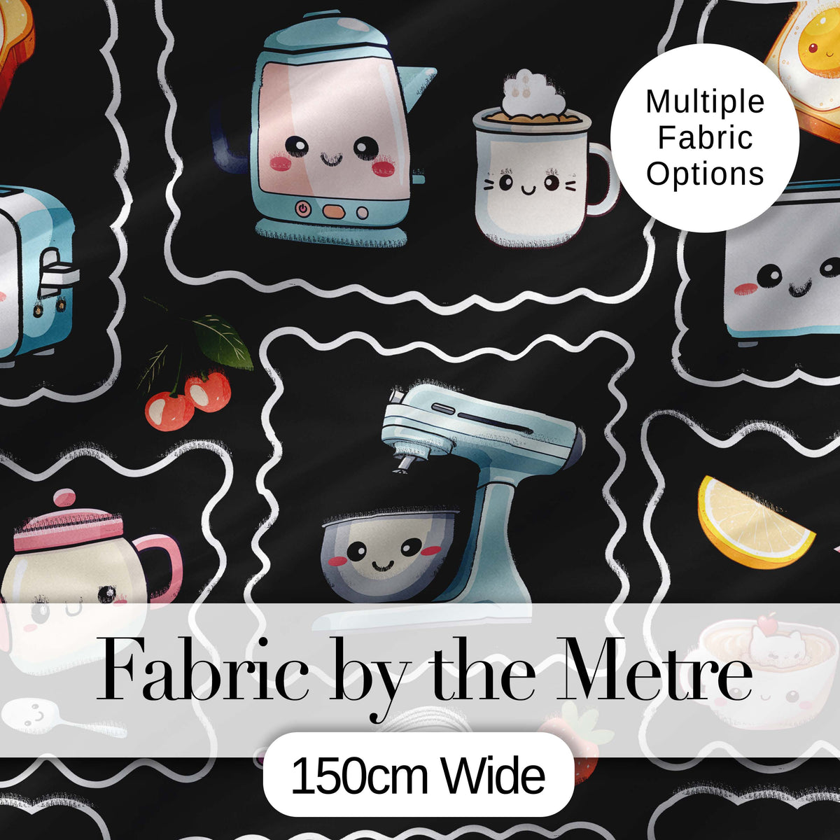 Cute Kawaii Kitchen Mixer Kettle Fruits Black Background Seamless Pattern Digital Print Fabric by the Metre UK Sewing Quilting Textile