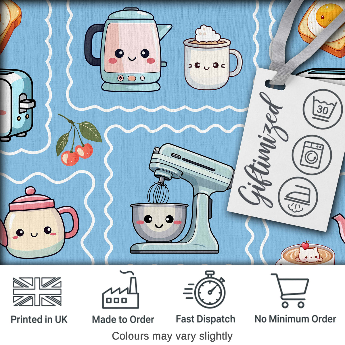 Cute Kawaii Kitchen Mixer Kettle Fruits Sky Blue Background Seamless Pattern Digital Print Fabric by the Metre UK Sewing Quilting Textile