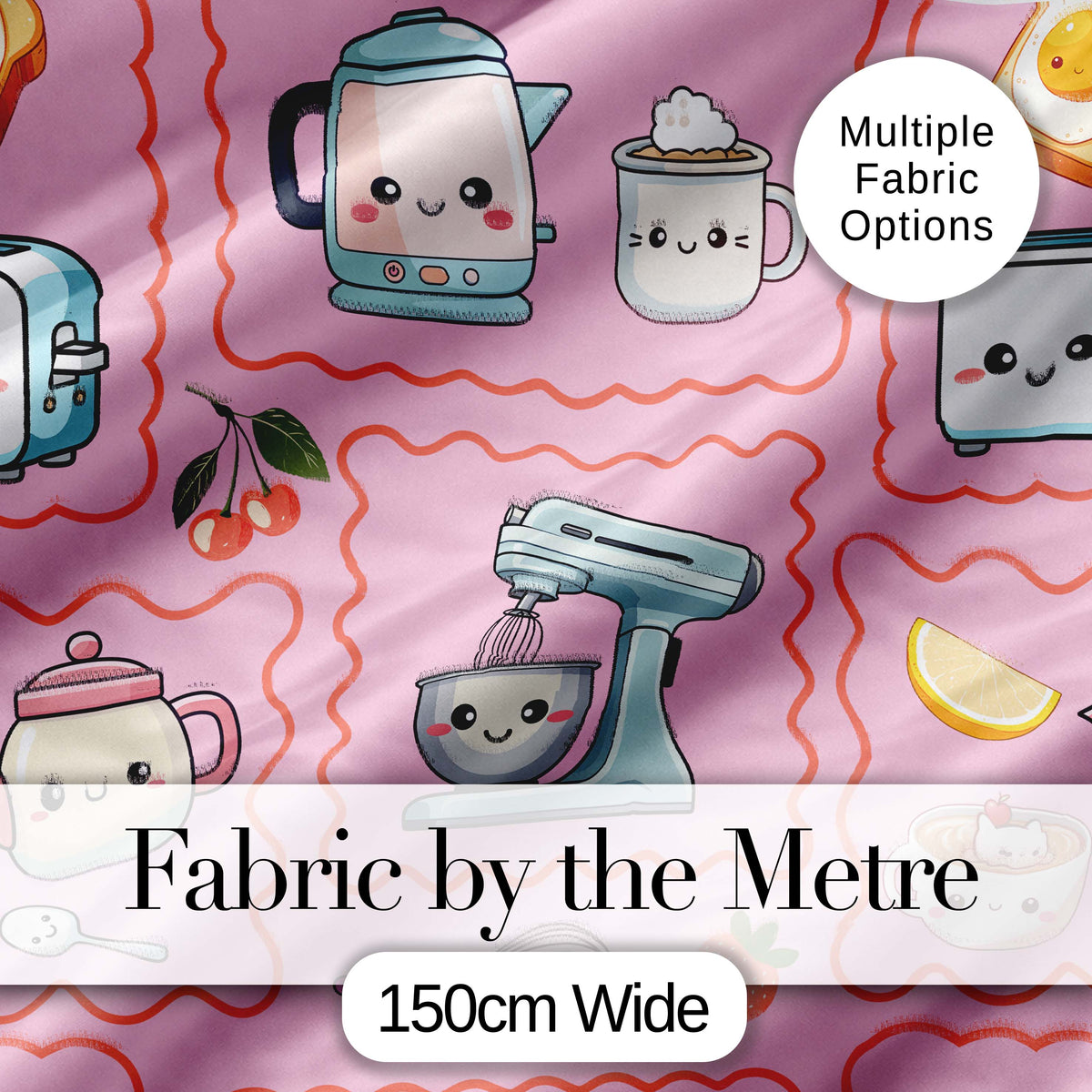 Cute Kawaii Kitchen Mixer Kettle Fruits Blush Pink Background Seamless Pattern Digital Print Fabric by the Metre UK Sewing Quilting Textile