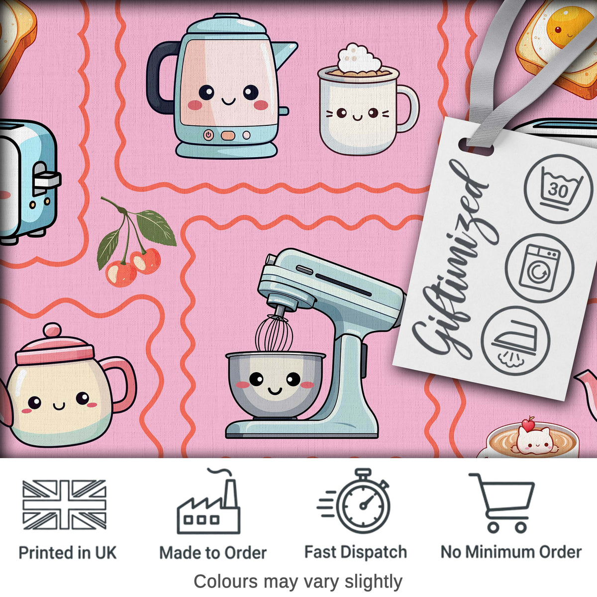 Cute Kawaii Kitchen Mixer Kettle Fruits Blush Pink Background Seamless Pattern Digital Print Fabric by the Metre UK Sewing Quilting Textile