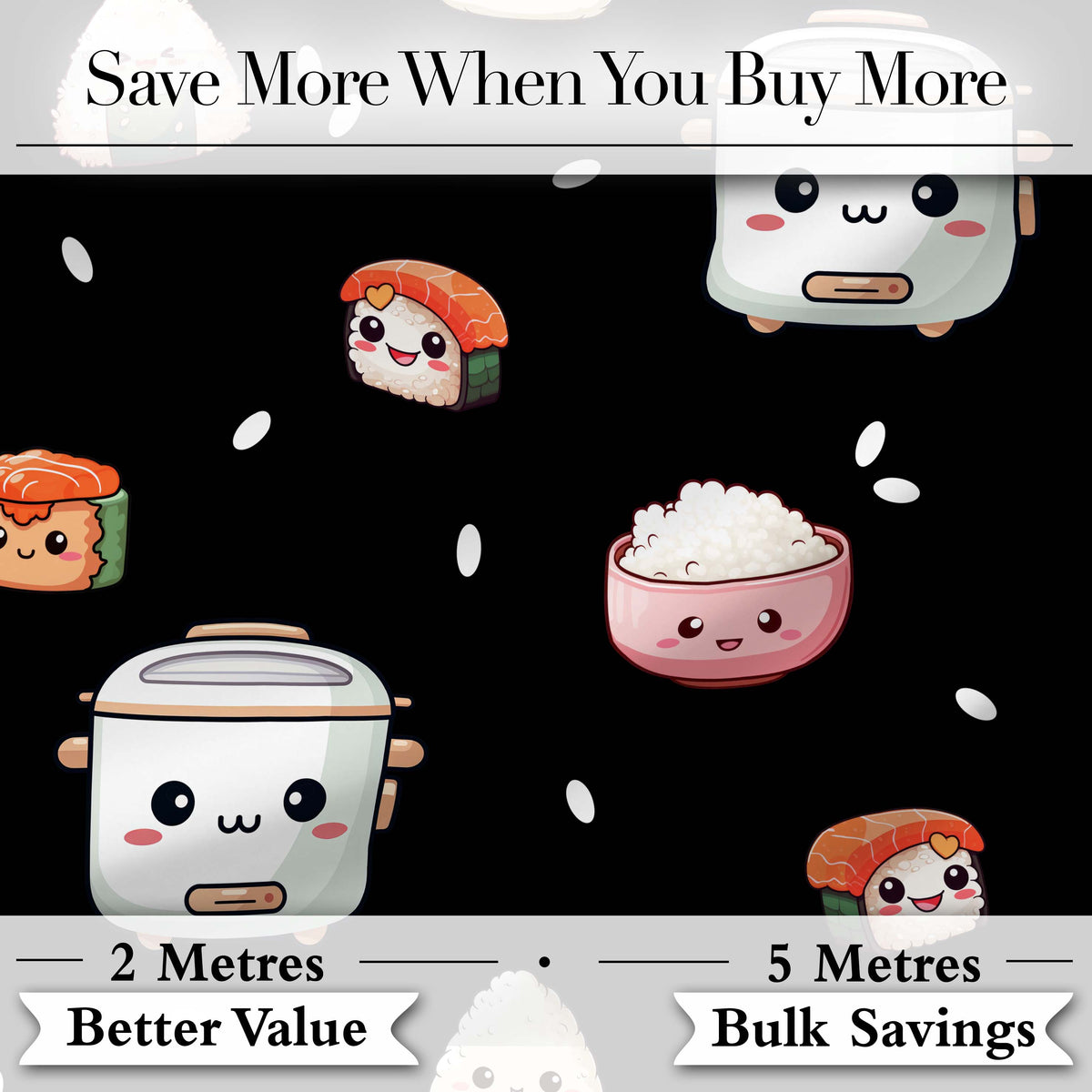 Cute Kawaii Sushi Rice Cooker Bowl Black Background Seamless Pattern Digital Print Fabric by the Metre UK Sewing Quilting Textile
