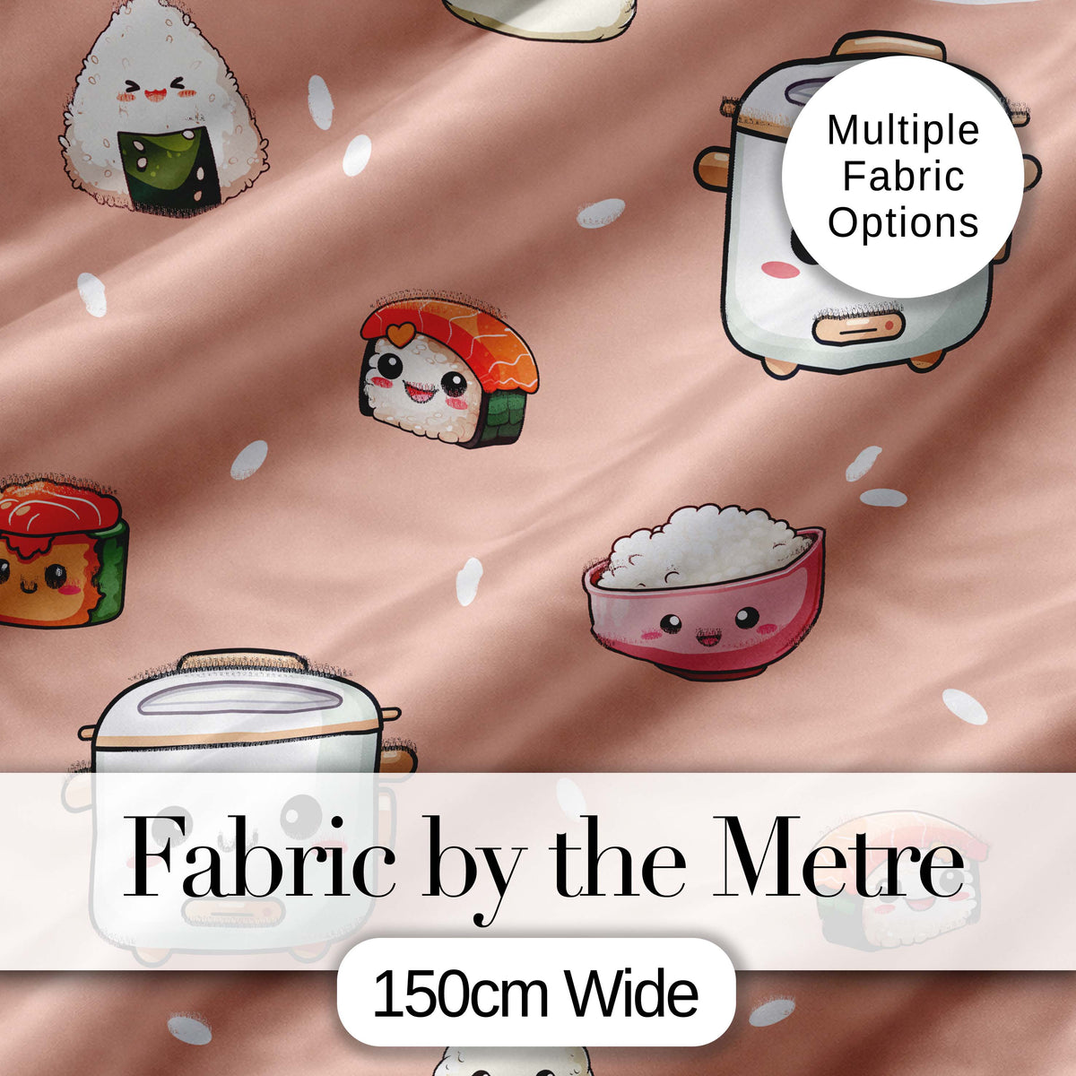 Cute Kawaii Sushi Rice Cooker Bowl Peach Background Seamless Pattern Digital Print Fabric by the Metre UK Sewing Quilting Textile