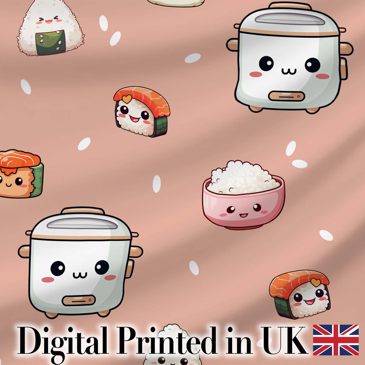 Cute Kawaii Sushi Rice Cooker Bowl Peach Background Seamless Pattern Digital Print Fabric by the Metre UK Sewing Quilting Textile