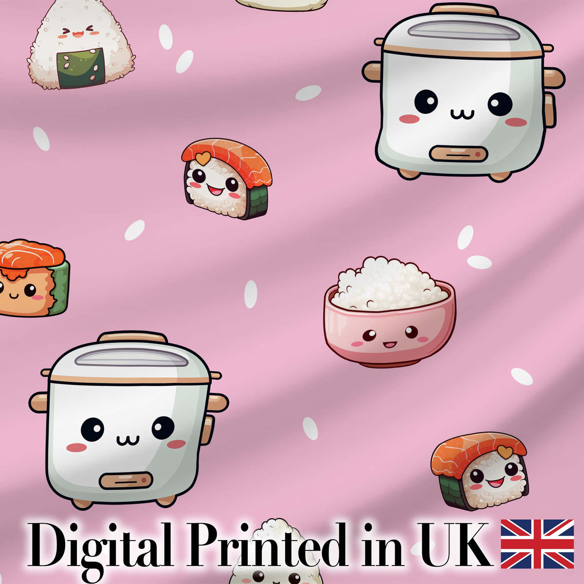 Cute Kawaii Sushi Rice Cooker Bowl Blush Pink Background Seamless Pattern Digital Print Fabric by the Metre UK Sewing Quilting Textile