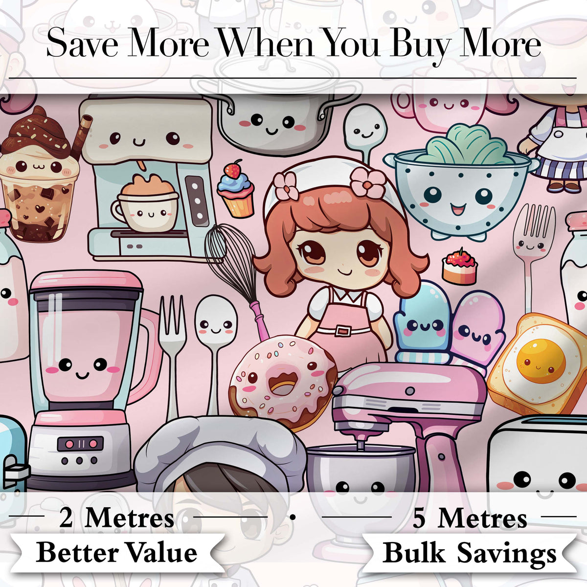 Cute Kawaii Baking Girl Kitchen Appliances Utensils Soft Pink Background Seamless Pattern Digital Print Fabric by the Metre UK