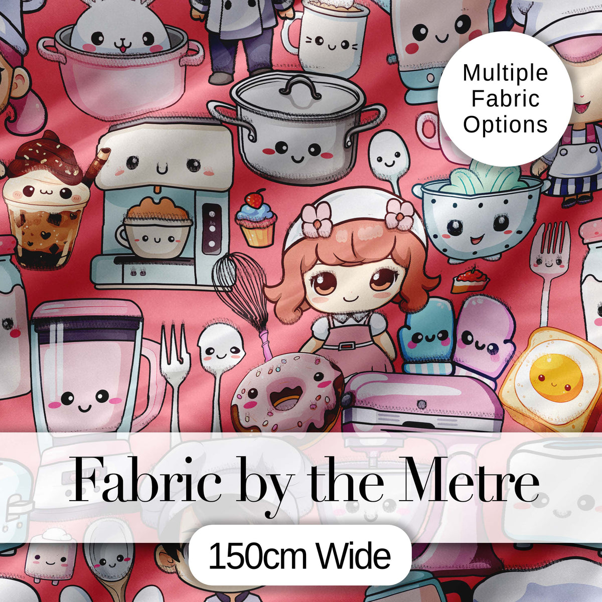 Cute Kawaii Baking Girl Kitchen Appliances Utensils Coral Background Seamless Pattern Digital Print Fabric by the Metre UK