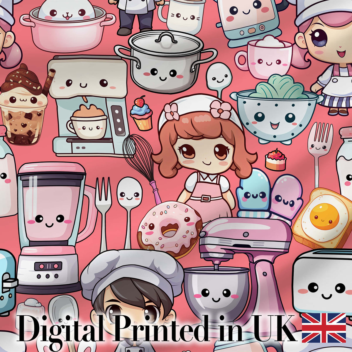 Cute Kawaii Baking Girl Kitchen Appliances Utensils Coral Background Seamless Pattern Digital Print Fabric by the Metre UK