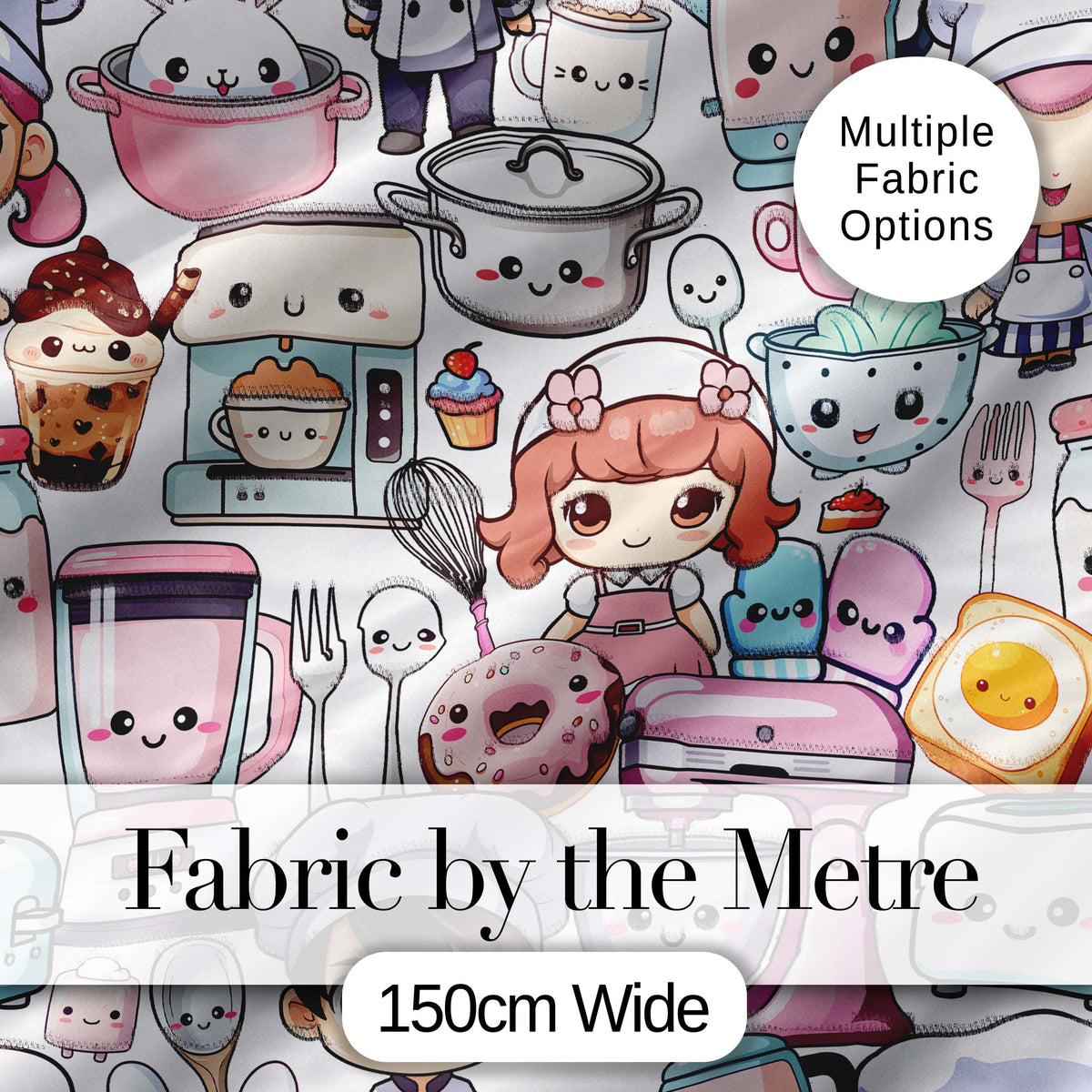 Cute Kawaii Baking Girl Kitchen Appliances Utensils Light Grey Background Seamless Pattern Digital Print Fabric by the Metre UK