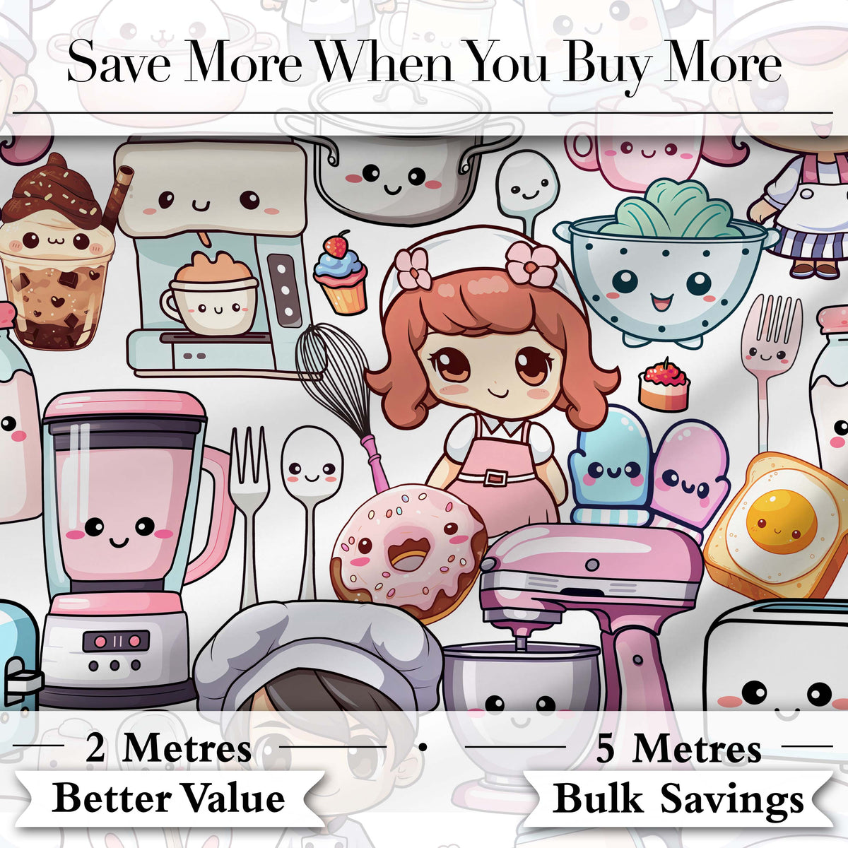 Cute Kawaii Baking Girl Kitchen Appliances Utensils Light Grey Background Seamless Pattern Digital Print Fabric by the Metre UK