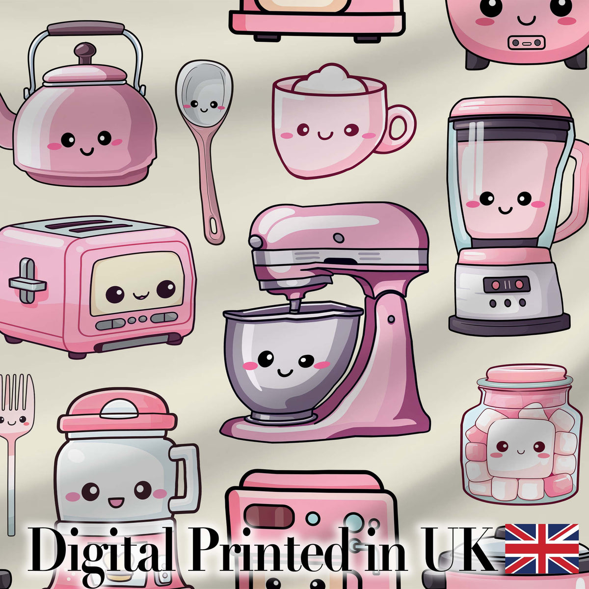 Cute Kawaii Kitchen Appliances Mixer Toaster Blender Cream Background Seamless Pattern Digital Print Fabric by the Metre UK