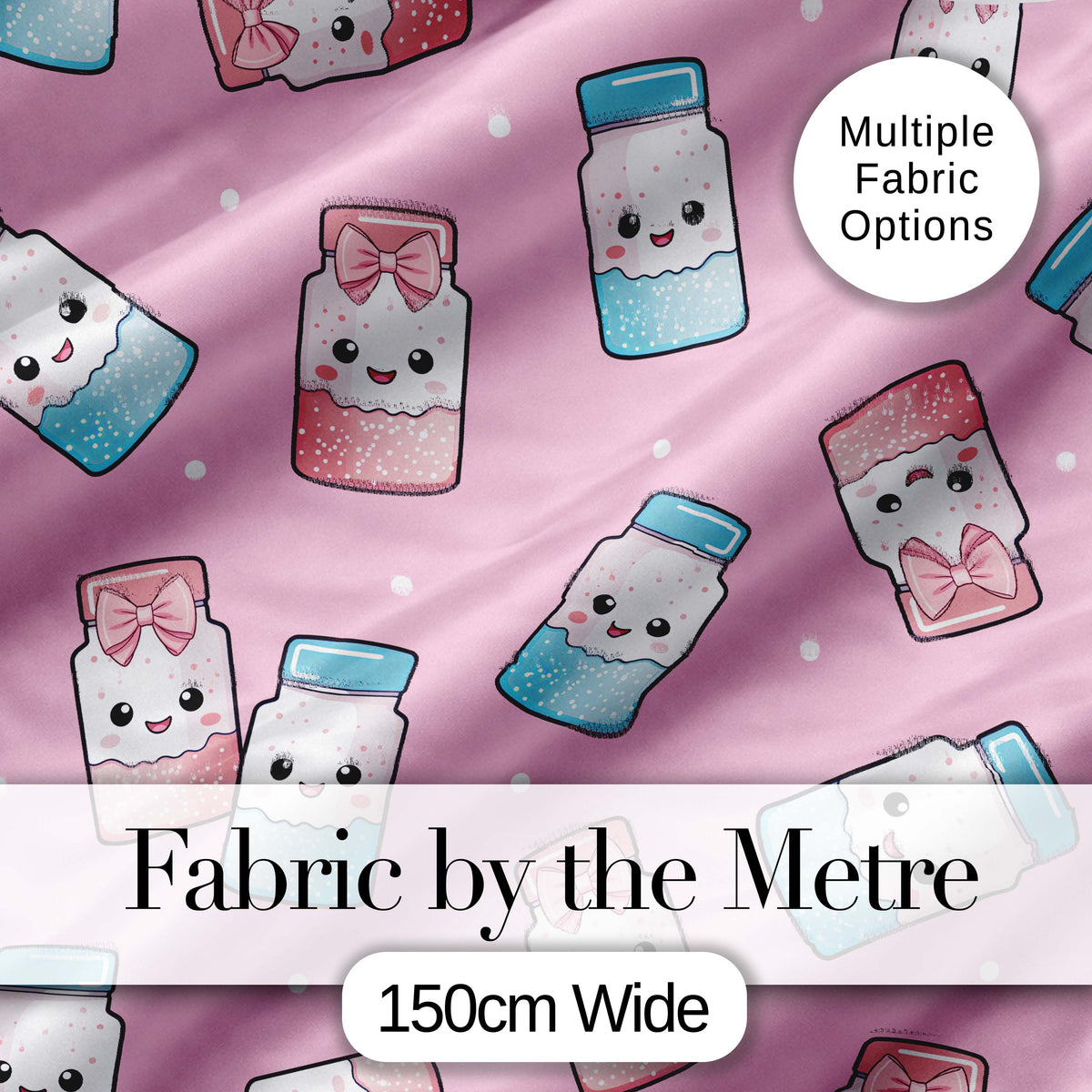 Cute Kawaii Sugar Jar Bottles with Glitter Sprinkles Pink Background Seamless Pattern Digital Print Fabric by the Metre UK