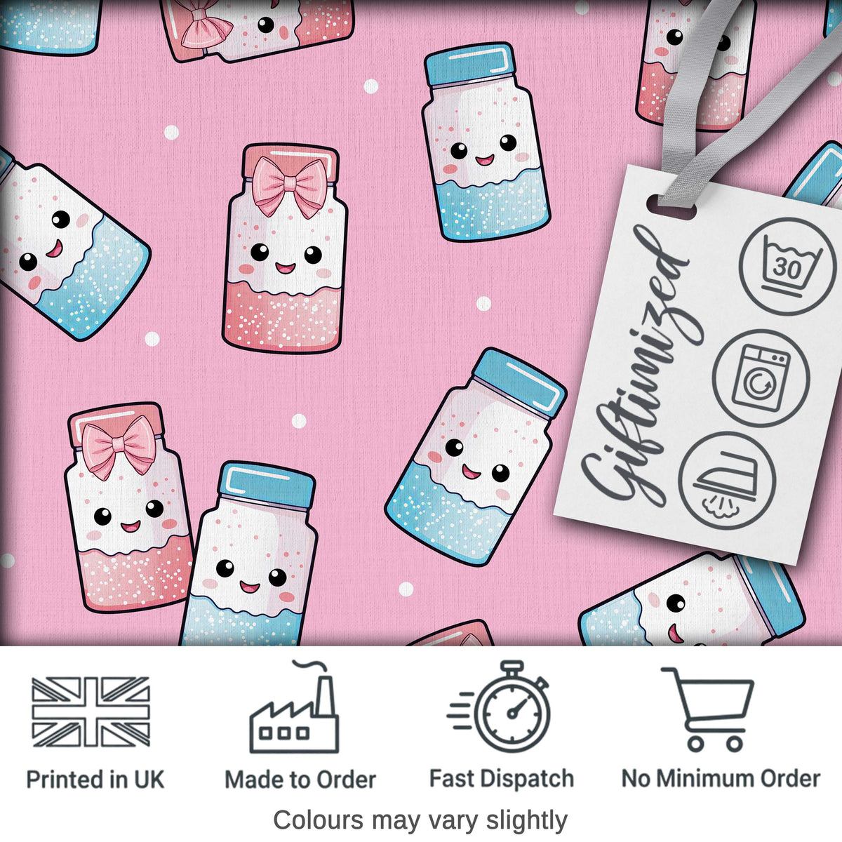Cute Kawaii Sugar Jar Bottles with Glitter Sprinkles Pink Background Seamless Pattern Digital Print Fabric by the Metre UK