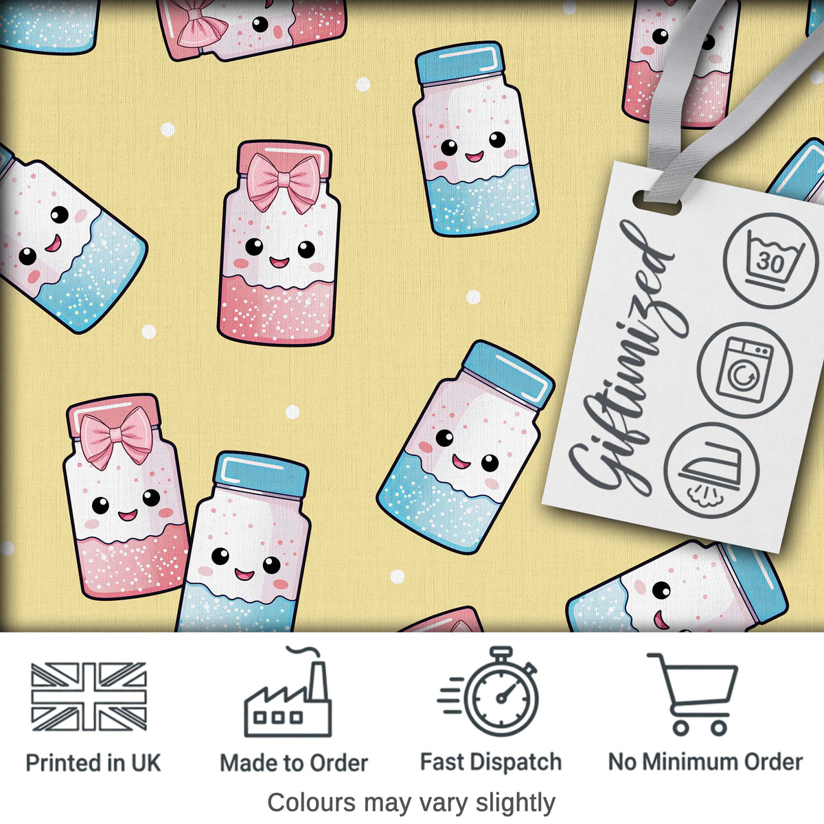 Cute Kawaii Sugar Jar Bottles with Glitter Sprinkles Yellow Background Seamless Pattern Digital Print Fabric by the Metre UK