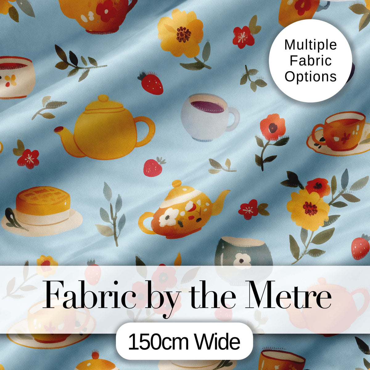 Cute Vintage Teapot Floral Tea Cups Strawberry Garden Blue Background Seamless Pattern Digital Print Fabric by the Metre UK