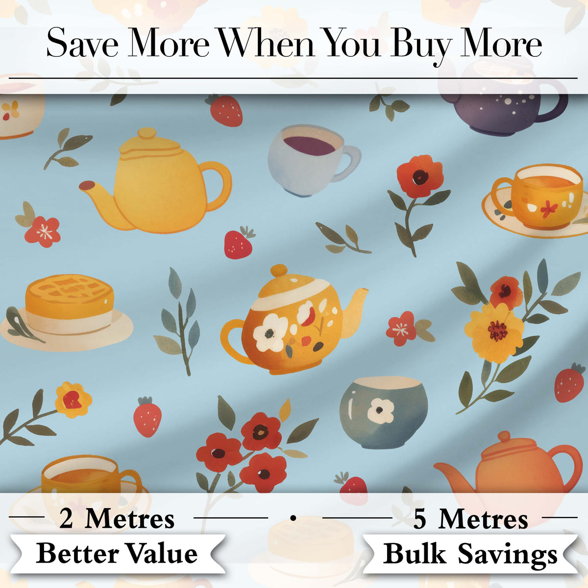 Cute Vintage Teapot Floral Tea Cups Strawberry Garden Blue Background Seamless Pattern Digital Print Fabric by the Metre UK