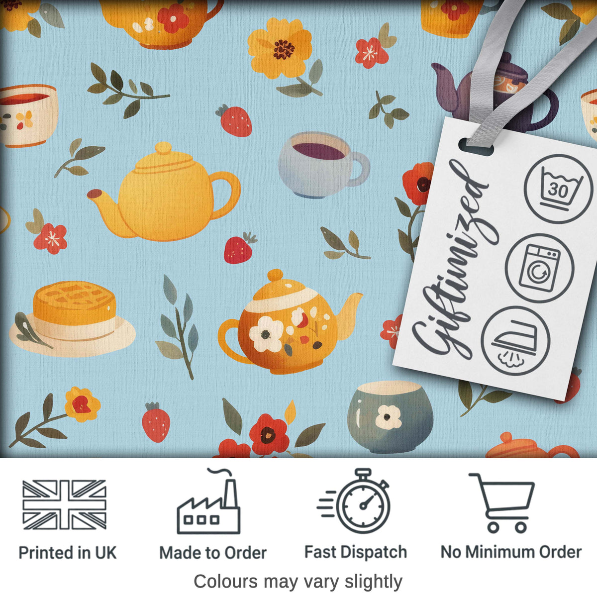Cute Vintage Teapot Floral Tea Cups Strawberry Garden Blue Background Seamless Pattern Digital Print Fabric by the Metre UK