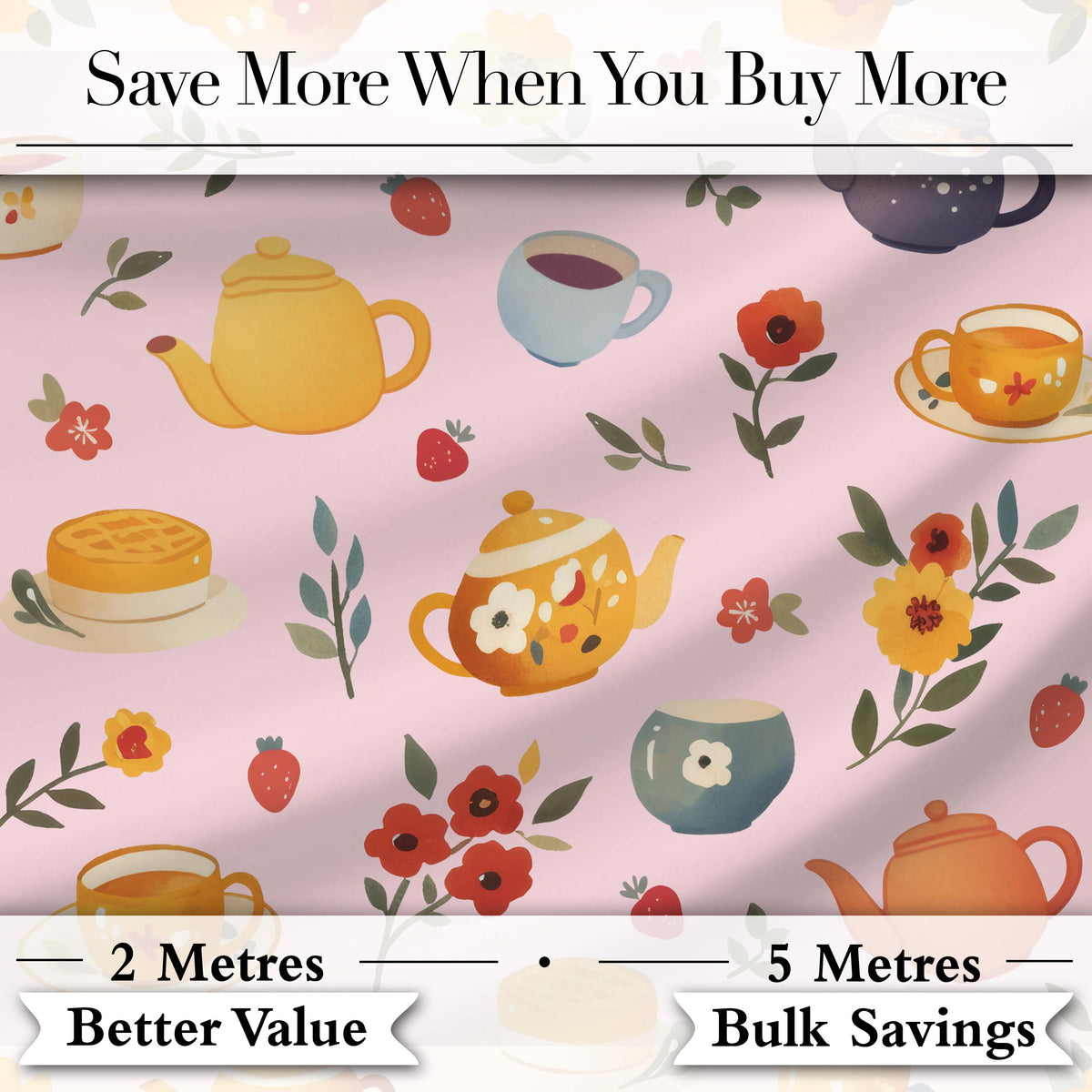 Cute Vintage Teapot Floral Tea Cups Strawberry Garden Pink Background Seamless Pattern Digital Print Fabric by the Metre UK