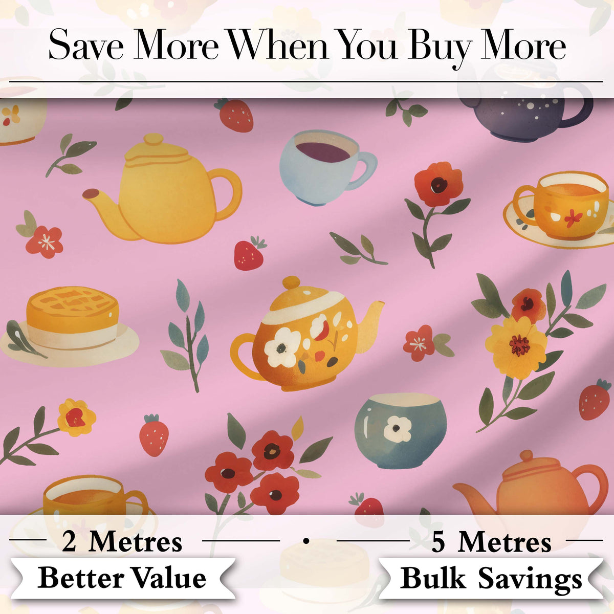 Cute Vintage Teapot Floral Tea Cups Strawberry Garden Rose Background Seamless Pattern Digital Print Fabric by the Metre UK